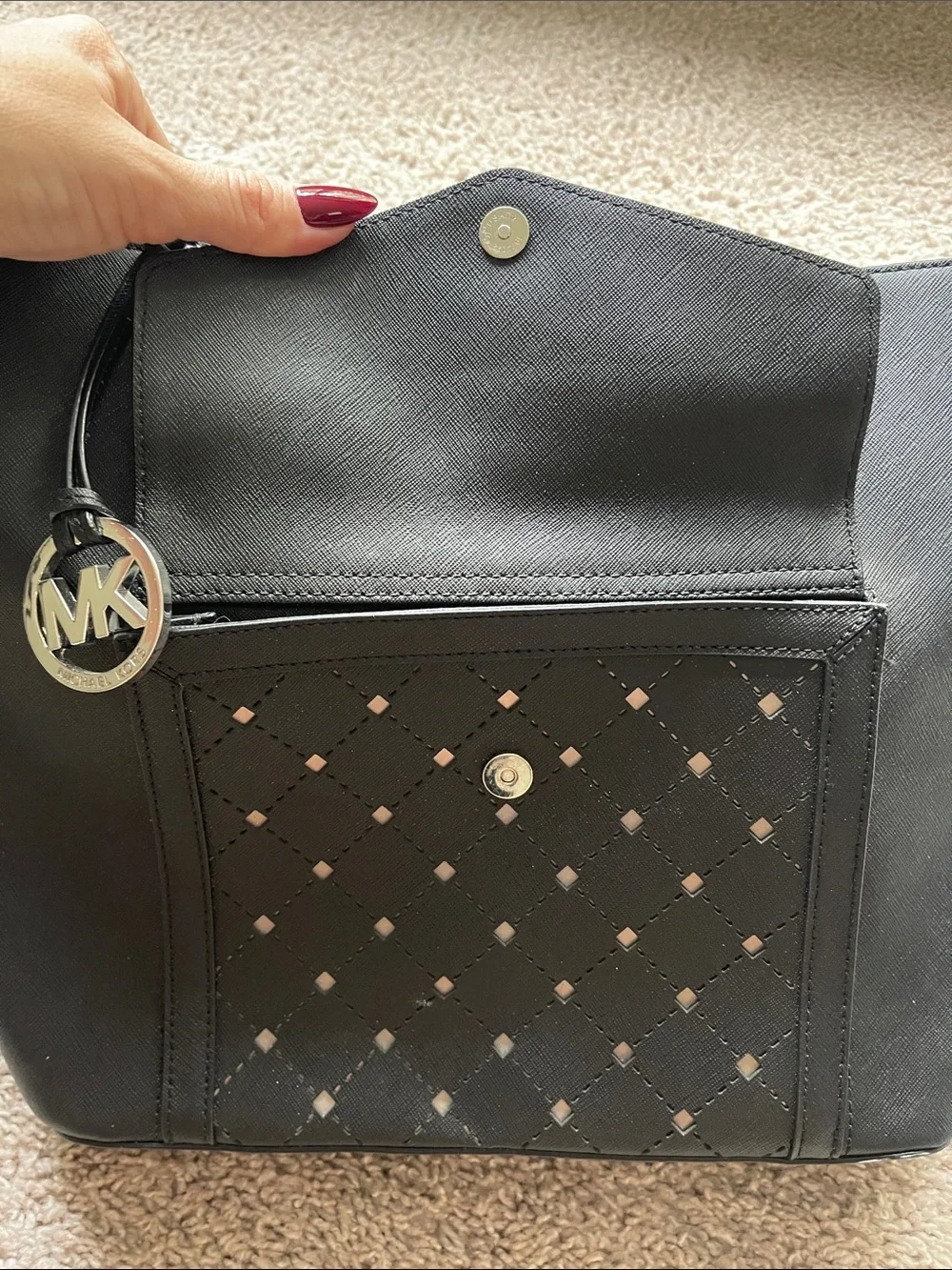 Michael Kora Classic Black Tote Bag with Front Flap Pocket